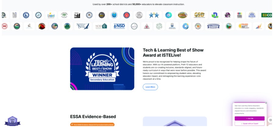 Learning Genie's site before: logo wall and award badges, features first