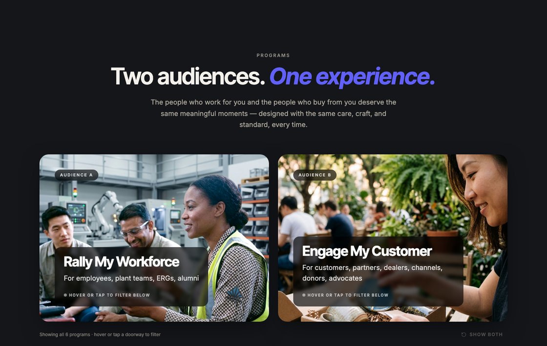 Two audiences, one experience. The page splits into two doorways ... Rally My Workforce or Engage My Customer ... and asks you to pick before it pitches.