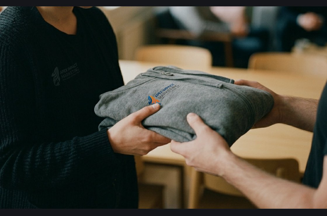 Merch as a moment, not a SKU. The money shot is a logo'd hoodie changing hands.