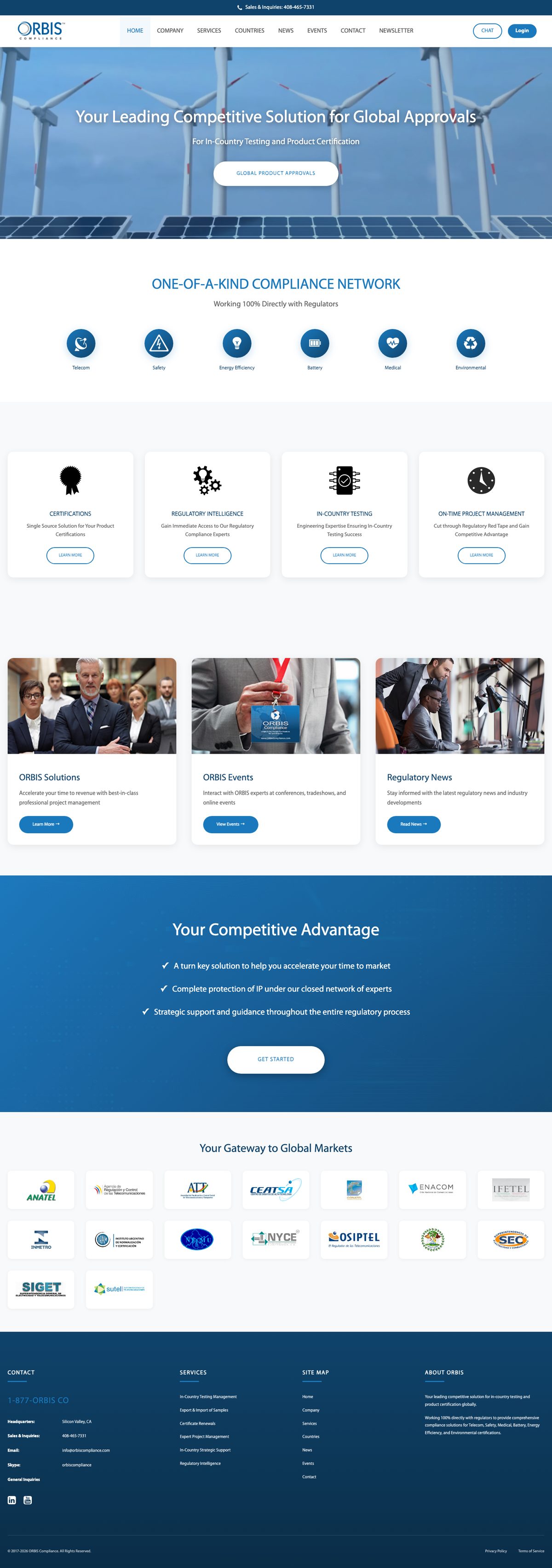 Orbis Compliance's live homepage today: Your Leading Competitive Solution for Global Approvals