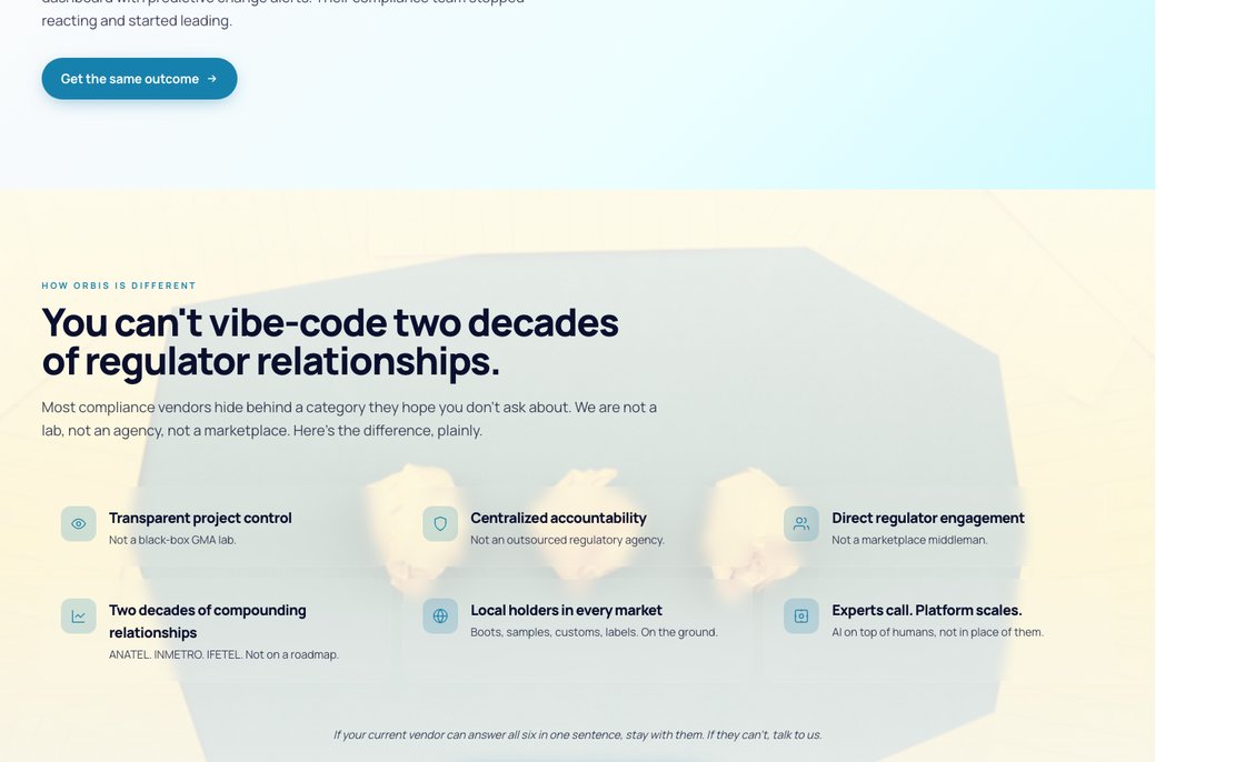 The moat, said plainly. You can't vibe-code two decades of regulator relationships.