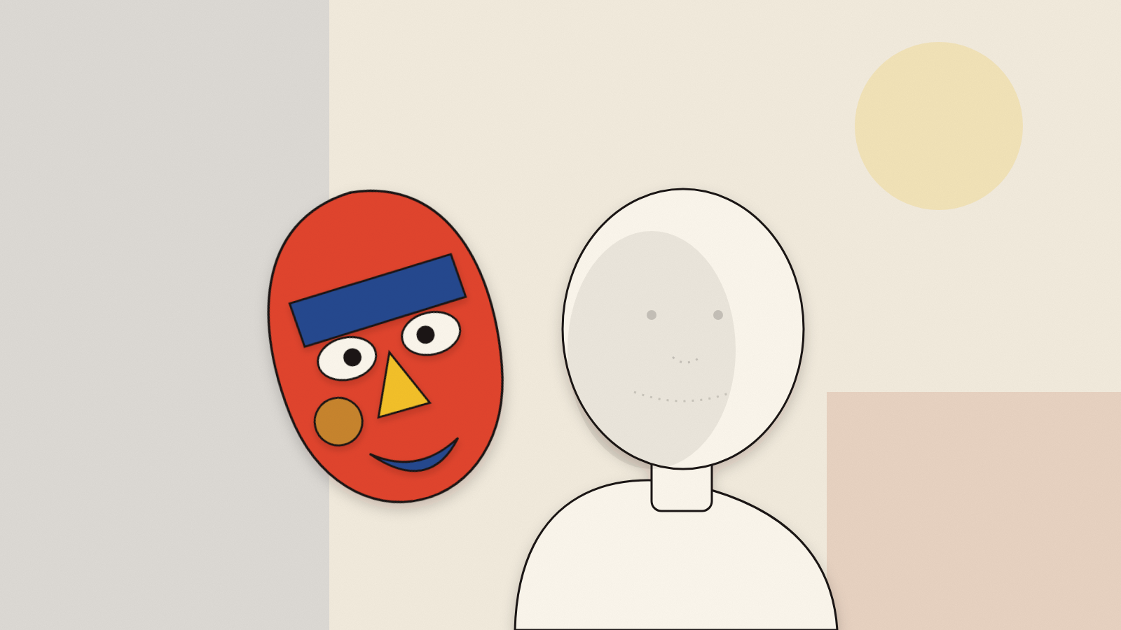 A vivid cut-paper mask, the visual identity, set beside a blank, barely-sketched face, the narrative identity not yet written.