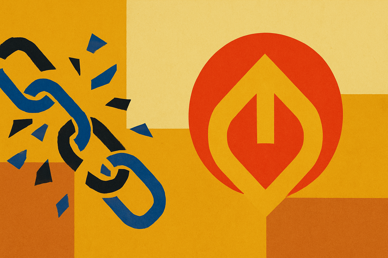 Hand-cut paper collage: broken chain links on the left reassembling into one unified emblem on the right, showing brand coherence replacing backlinks in AI search.