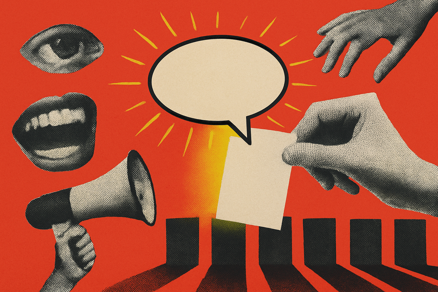 A hand-cut paper collage of a chat speech bubble naming one company from a lineup of blank cards, in Picasso cubist palette