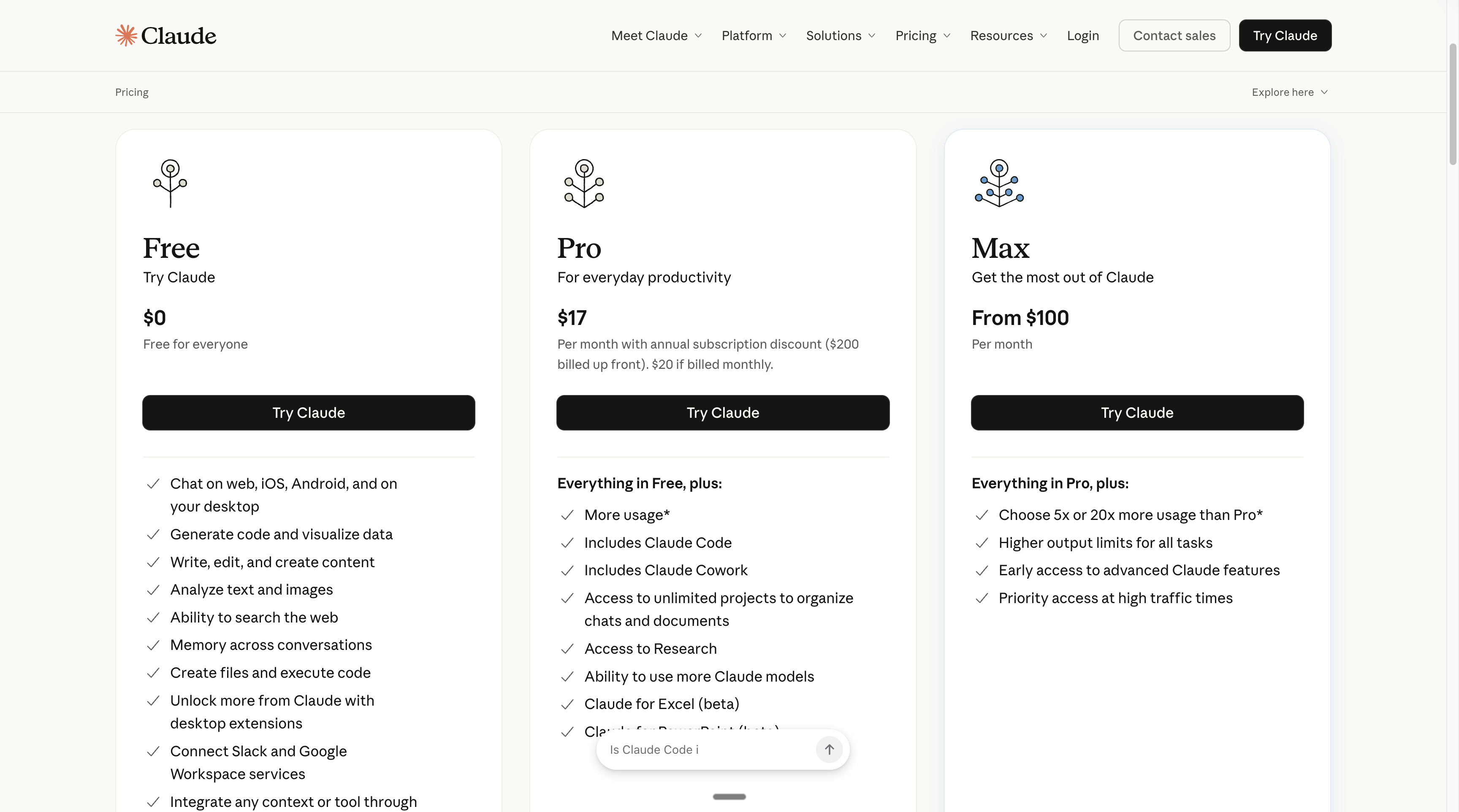 Claude's pricing table showing Free, Pro and Max plans