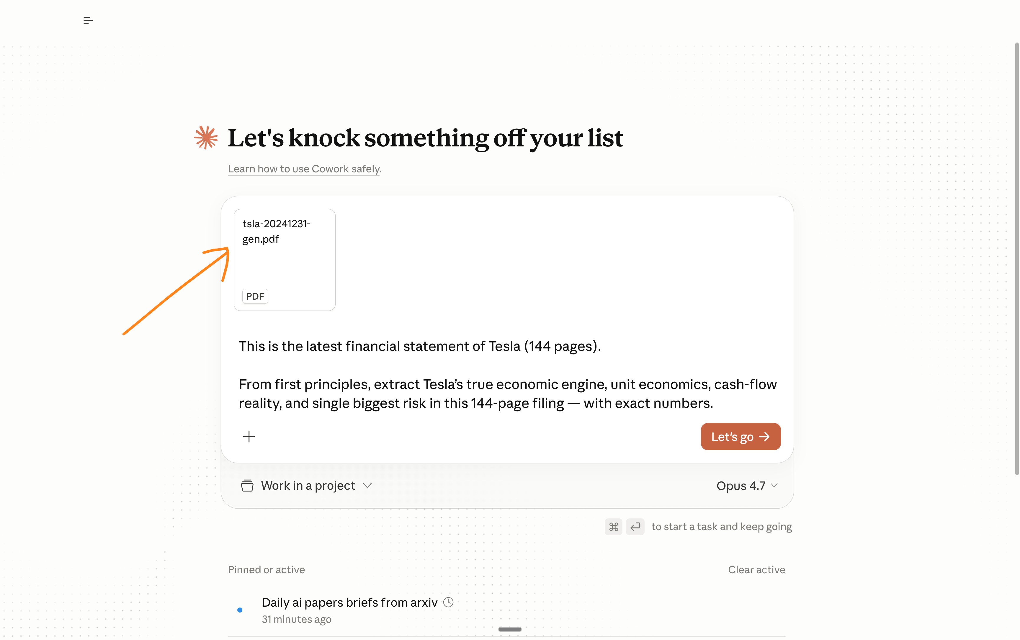 Uploading a 144-page Tesla financial filing to Claude and asking a question