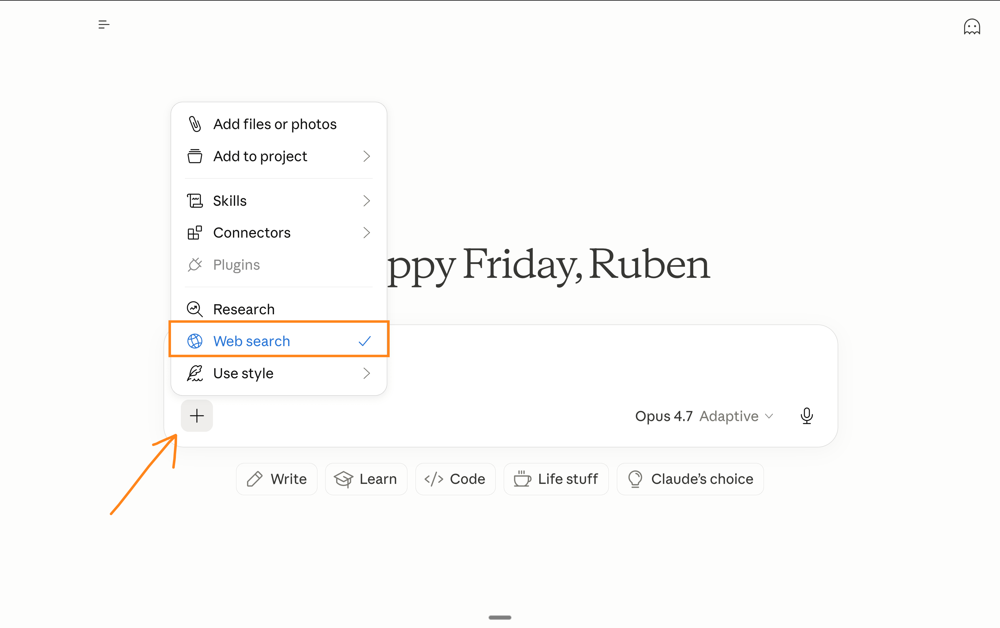 Turning on the web search toggle from the plus menu in Claude