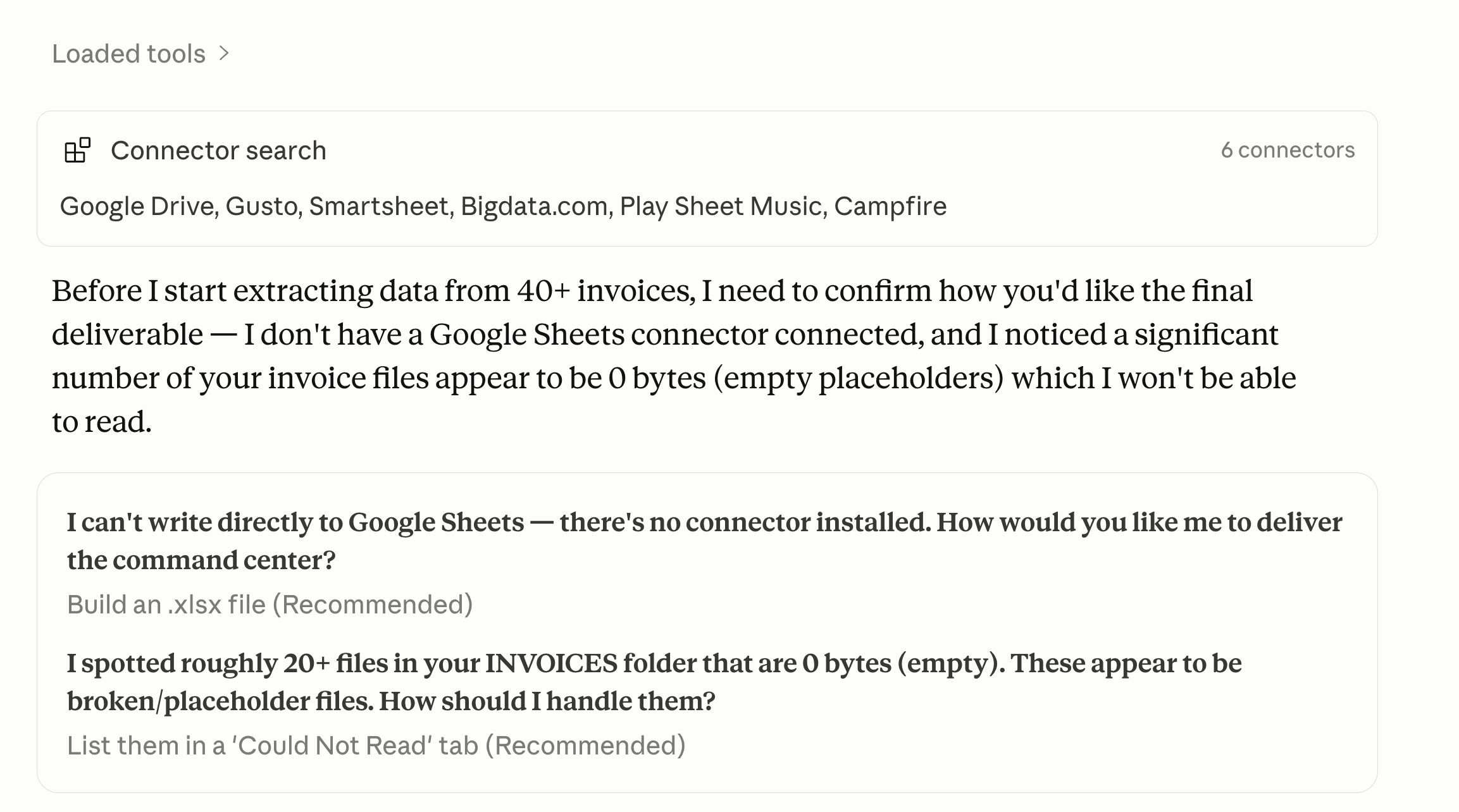 The work mode connecting to tools and asking clarifying questions