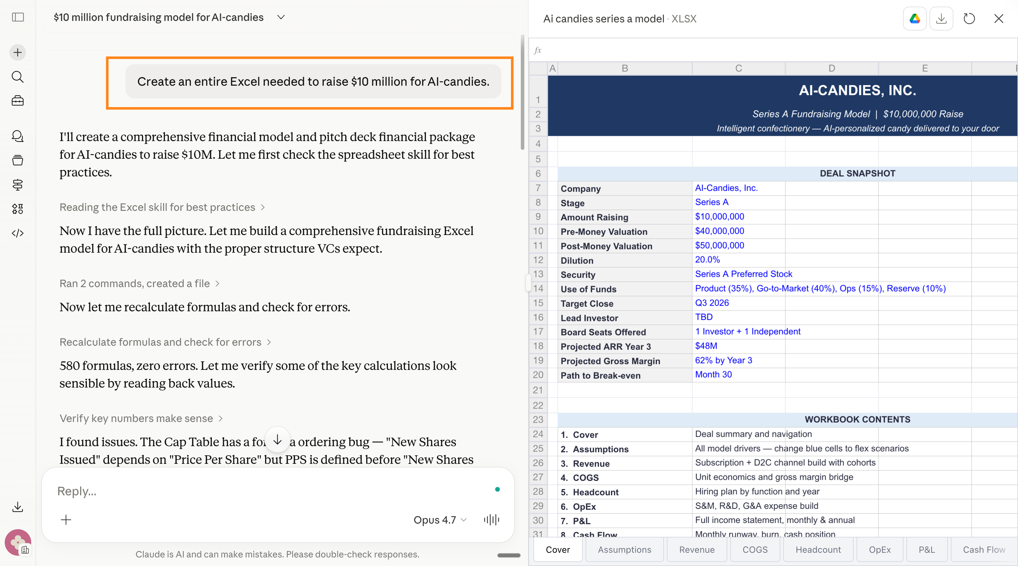 A full Excel model with twelve tabs that Claude built from a single sentence