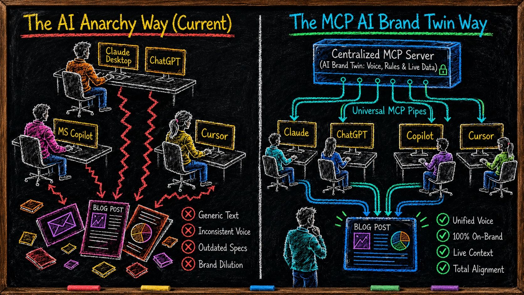 Chalkboard diagram comparing two ways a team uses AI. Left: the AI Anarchy way, where each person prompts Claude, ChatGPT, Copilot or Cursor separately and gets generic text, inconsistent voice, outdated specs and brand dilution. Right: the MCP AI Brand Twin way, where one centralized MCP server carrying the brand's voice, rules and live data feeds every tool, producing unified voice, 100% on-brand output, live context and total alignment.